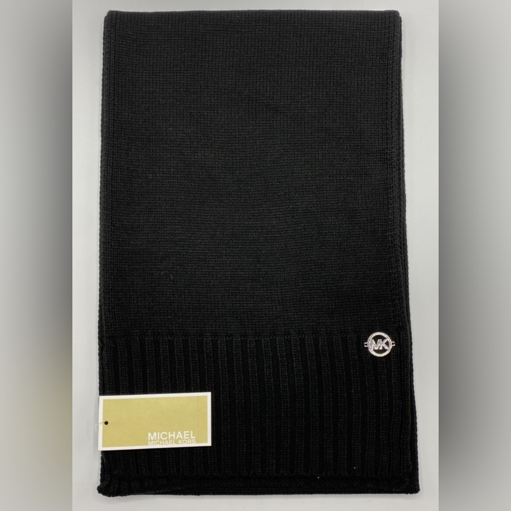 MICHAEL KORS Rib Knit Scarf Black 68”x11” Silver Logo Appliqué
